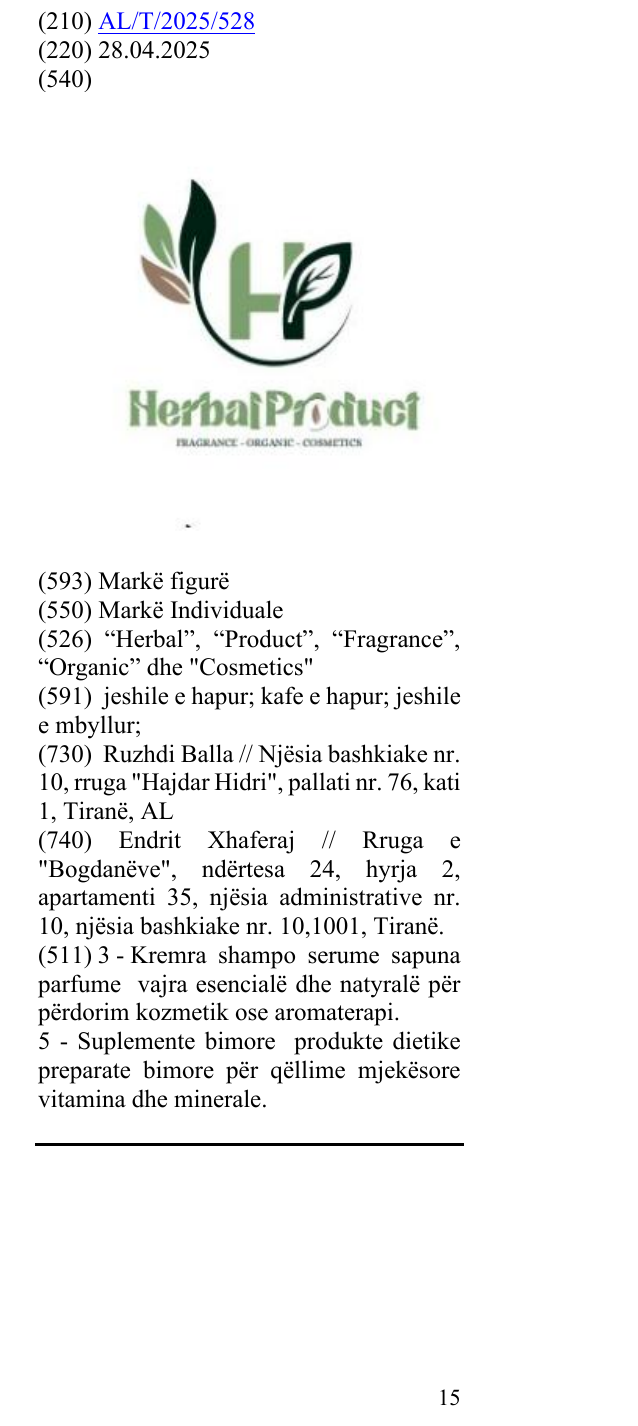 Zëri i markës “Herbal”, “Product”, “Fragrance”, “Organic” dhe "Cosmetics" në buletin