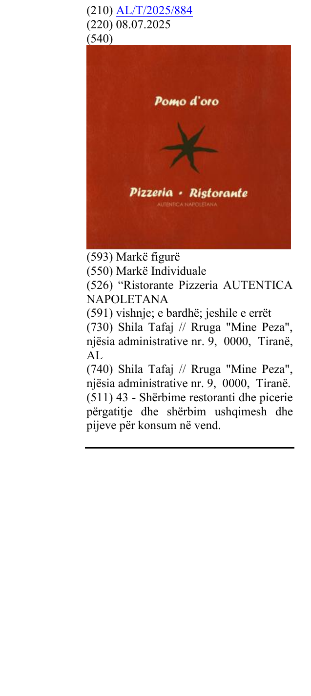 Zëri i markës “Ristorante Pizzeria AUTENTICA NAPOLETANA në buletin