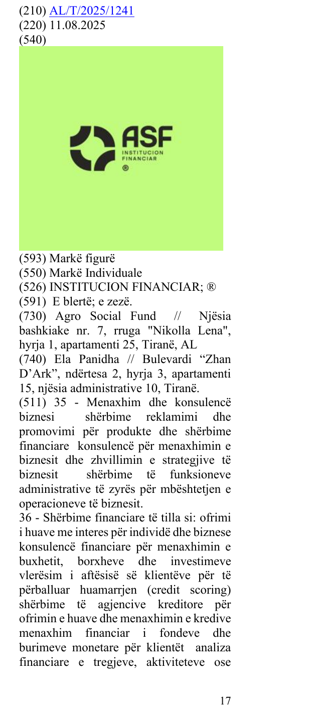 Zëri i markës INSTITUCION FINANCIAR; ® në buletin