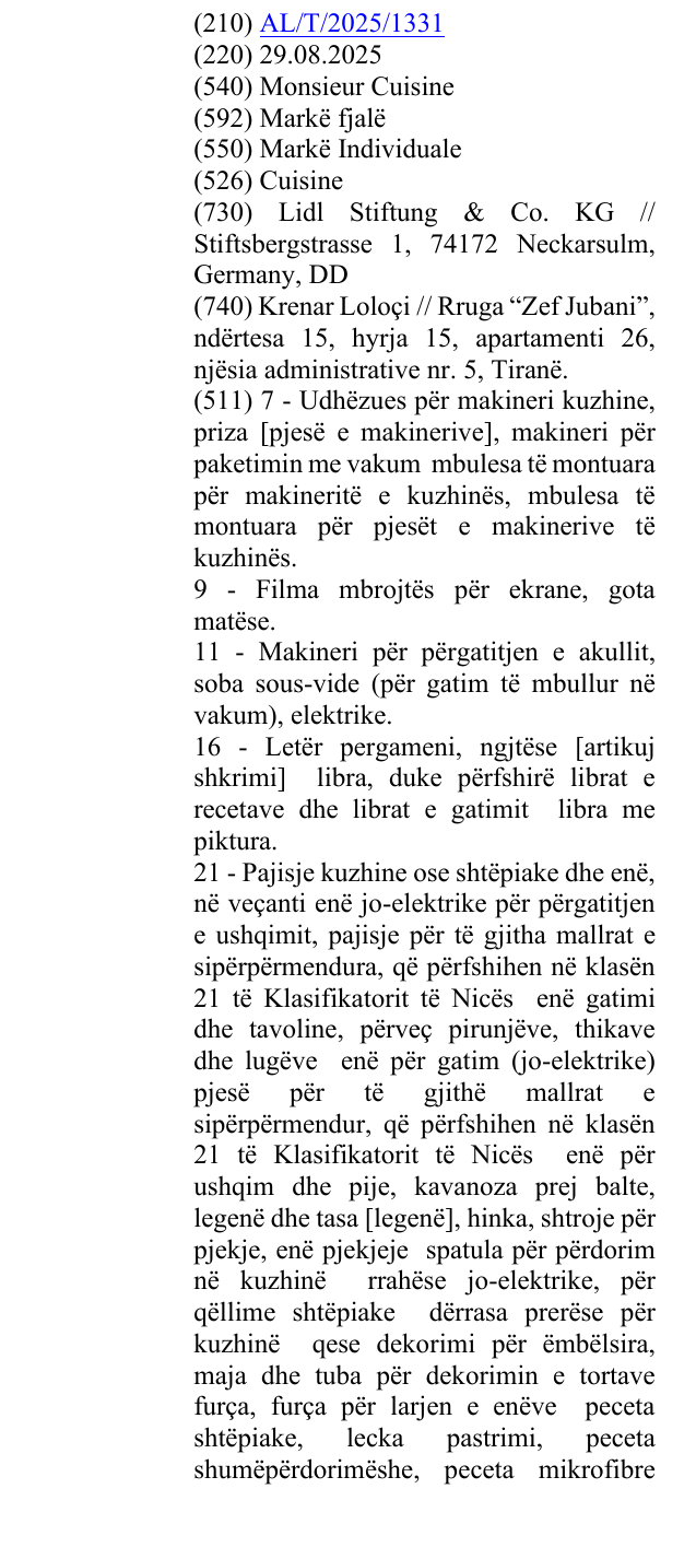 Zëri i markës Monsieur Cuisine në buletin