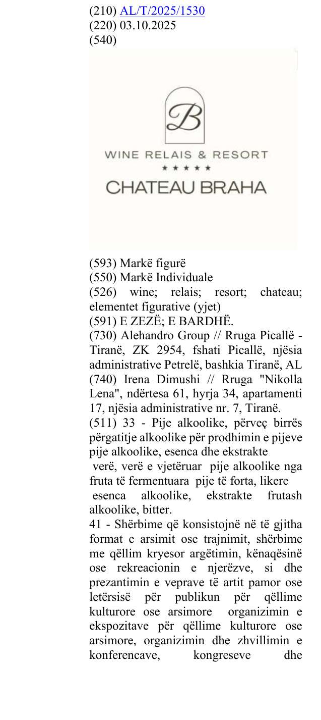 Zëri i markës wine; relais; resort; chateau; elementet figurative (yjet) në buletin