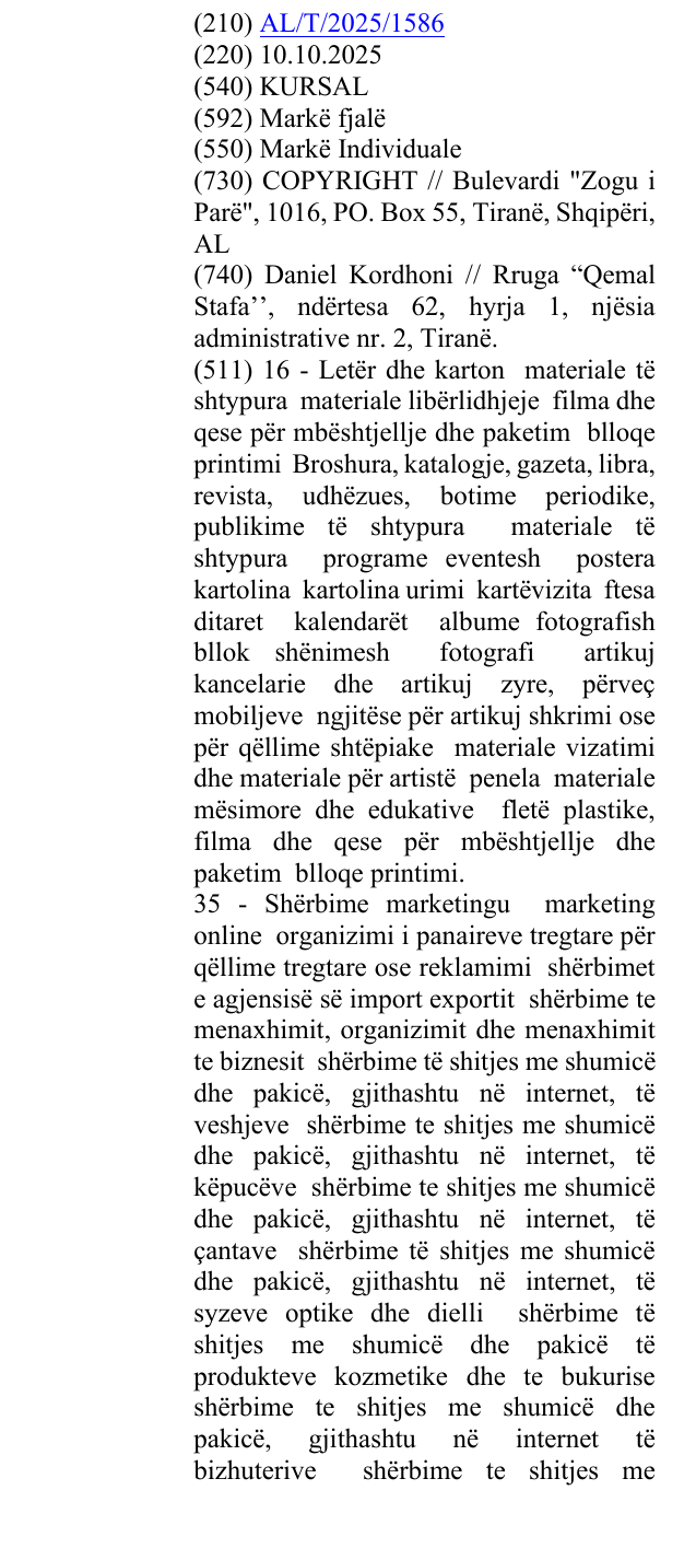 Zëri i markës KURSAL në buletin