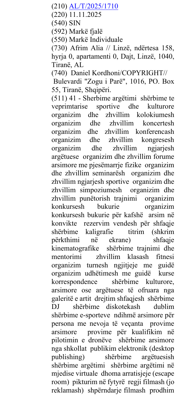 Zëri i markës SIN në buletin