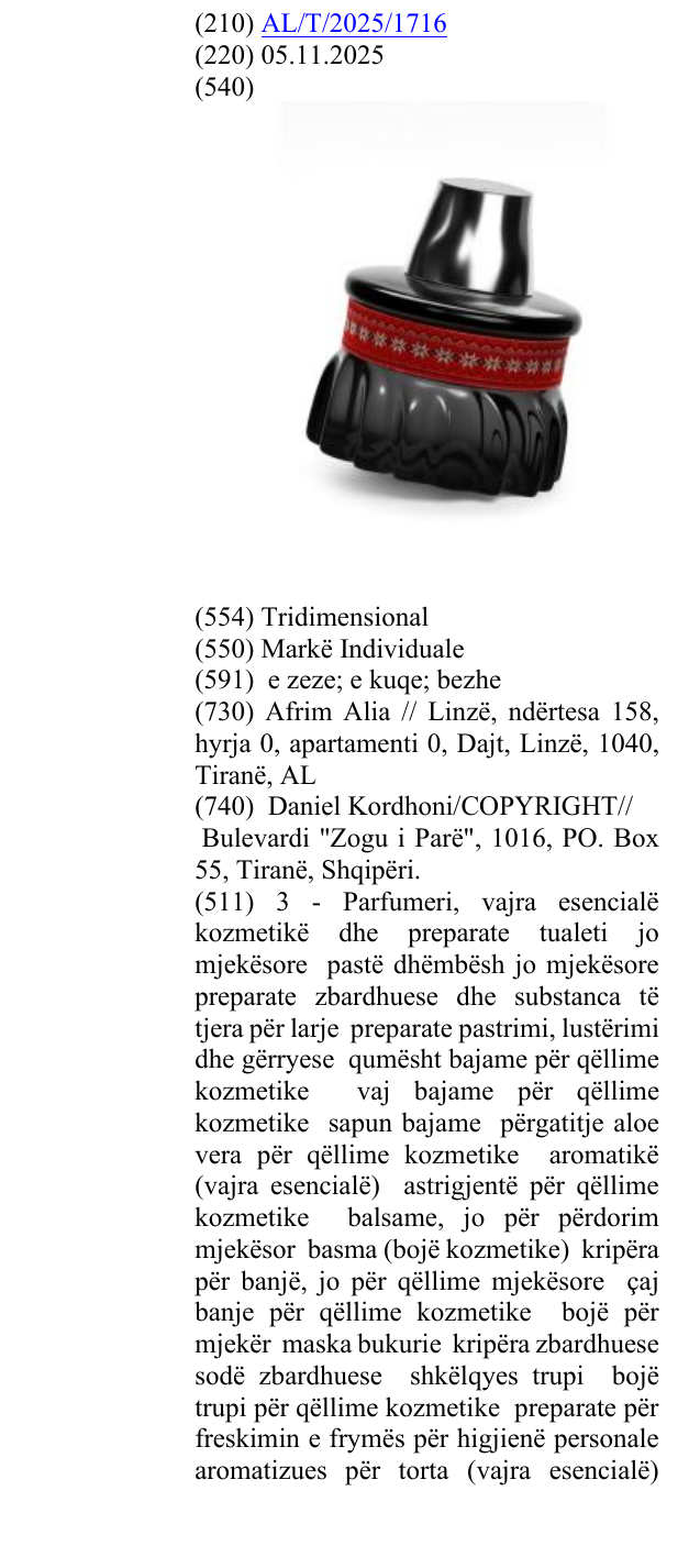 Zëri i markës AL/T/2025/1716 në buletin