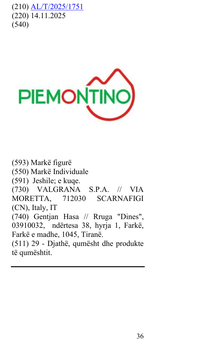 Zëri i markës PIEMONTINO në buletin
