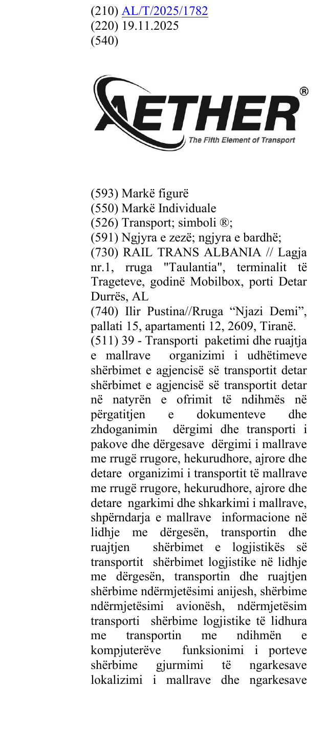 Zëri i markës Transport; simboli ®; në buletin