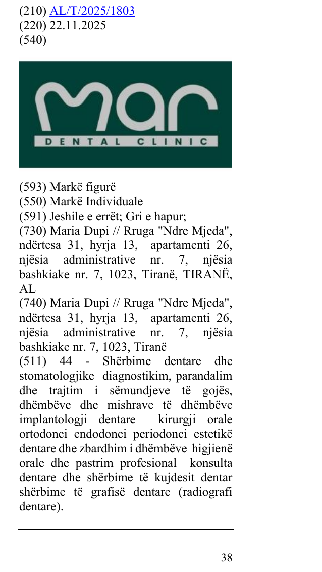 Zëri i markës MAR DENTAL CLINIC në buletin
