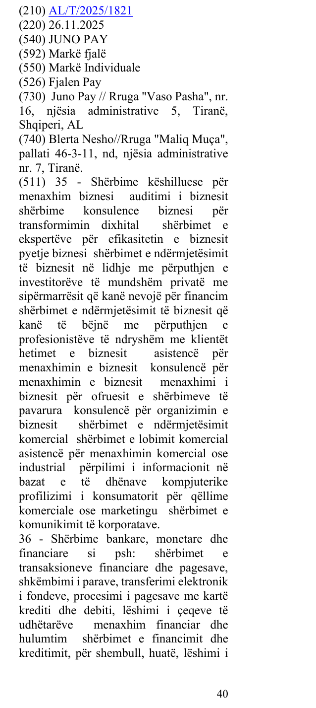 Zëri i markës JUNO PAY në buletin