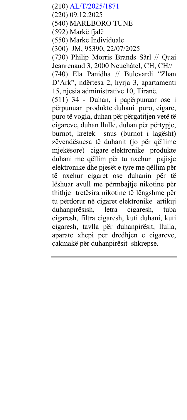 Zëri i markës MARLBORO TUNE në buletin
