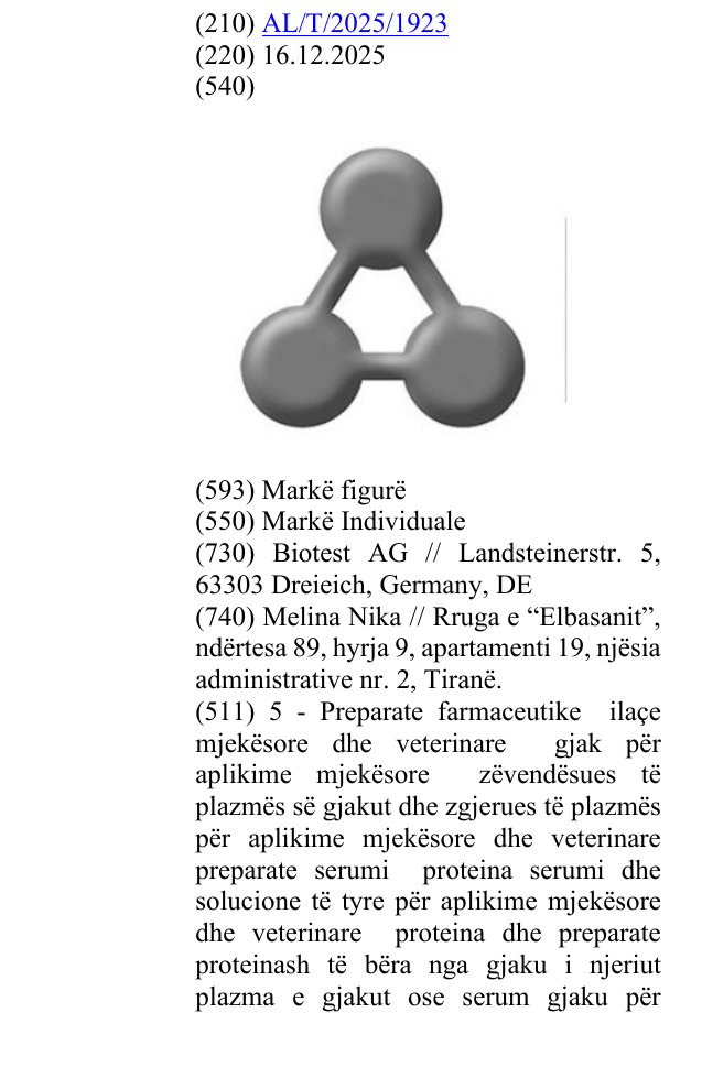 Zëri i markës AL/T/2025/1923 në buletin
