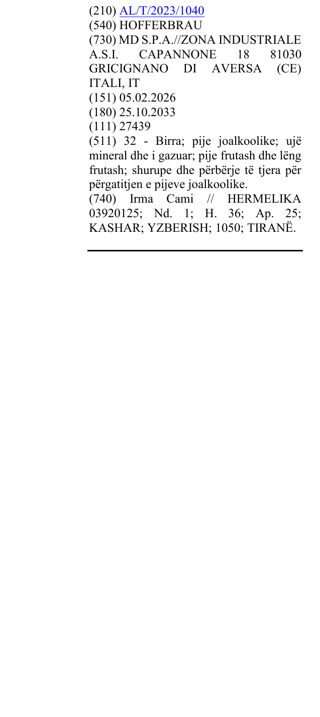 Zëri i markës HOFFERBRAU në buletin