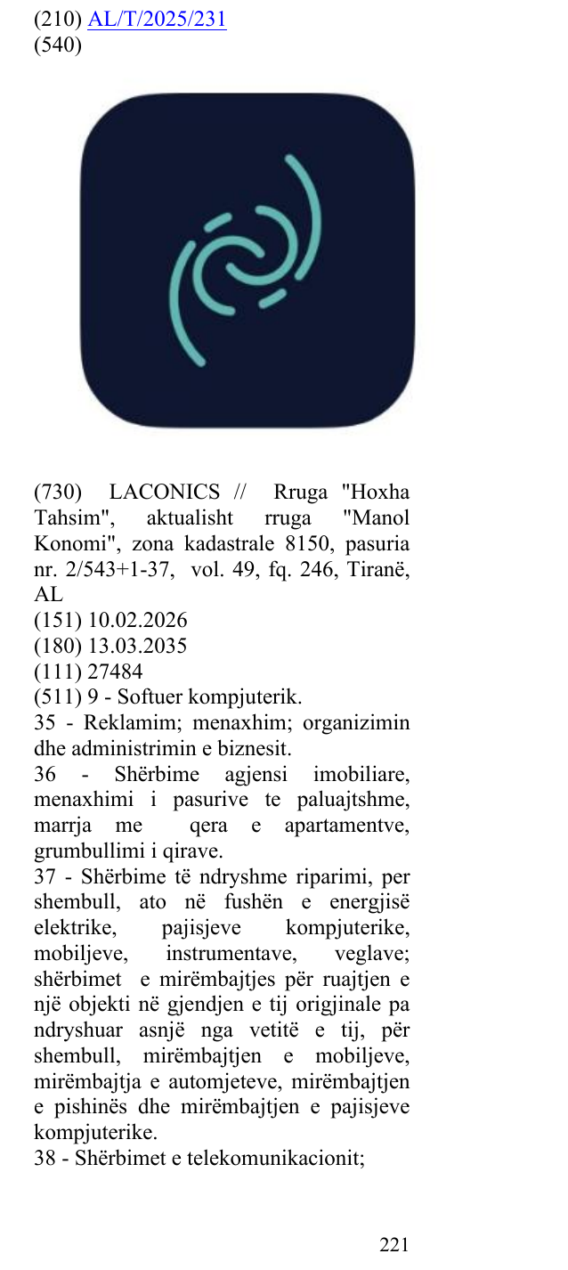 Zëri i markës AL/T/2025/231 në buletin