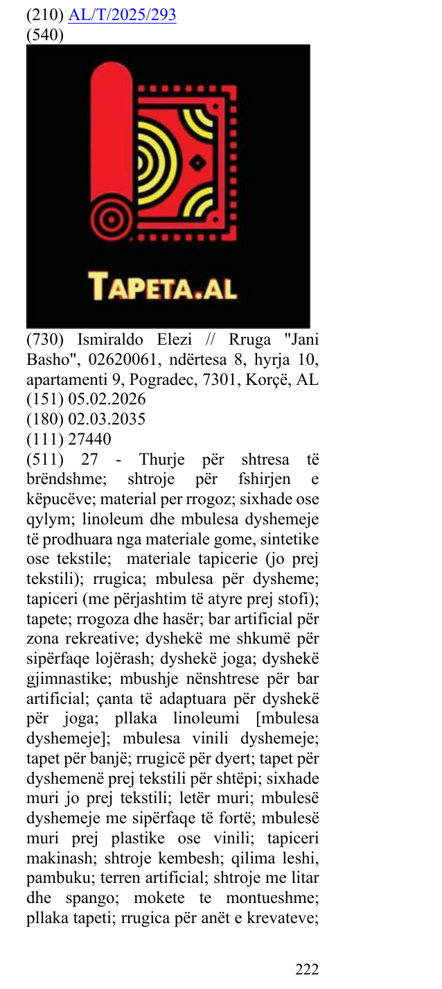 Zëri i markës TAPETA ; AL në buletin