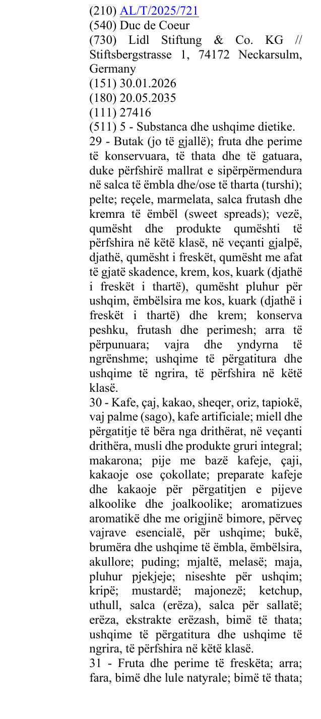 Zëri i markës Duc de Coeur në buletin