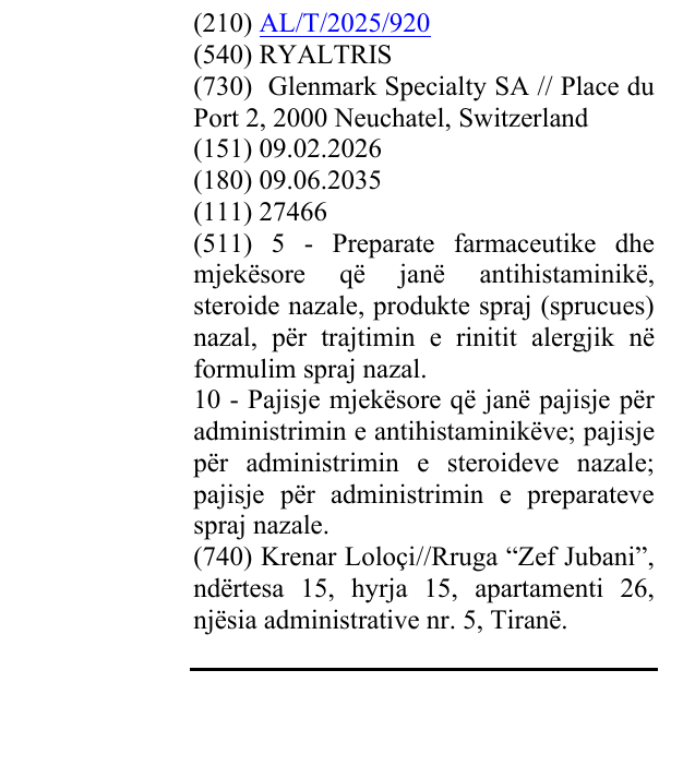 Zëri i markës RYALTRIS në buletin