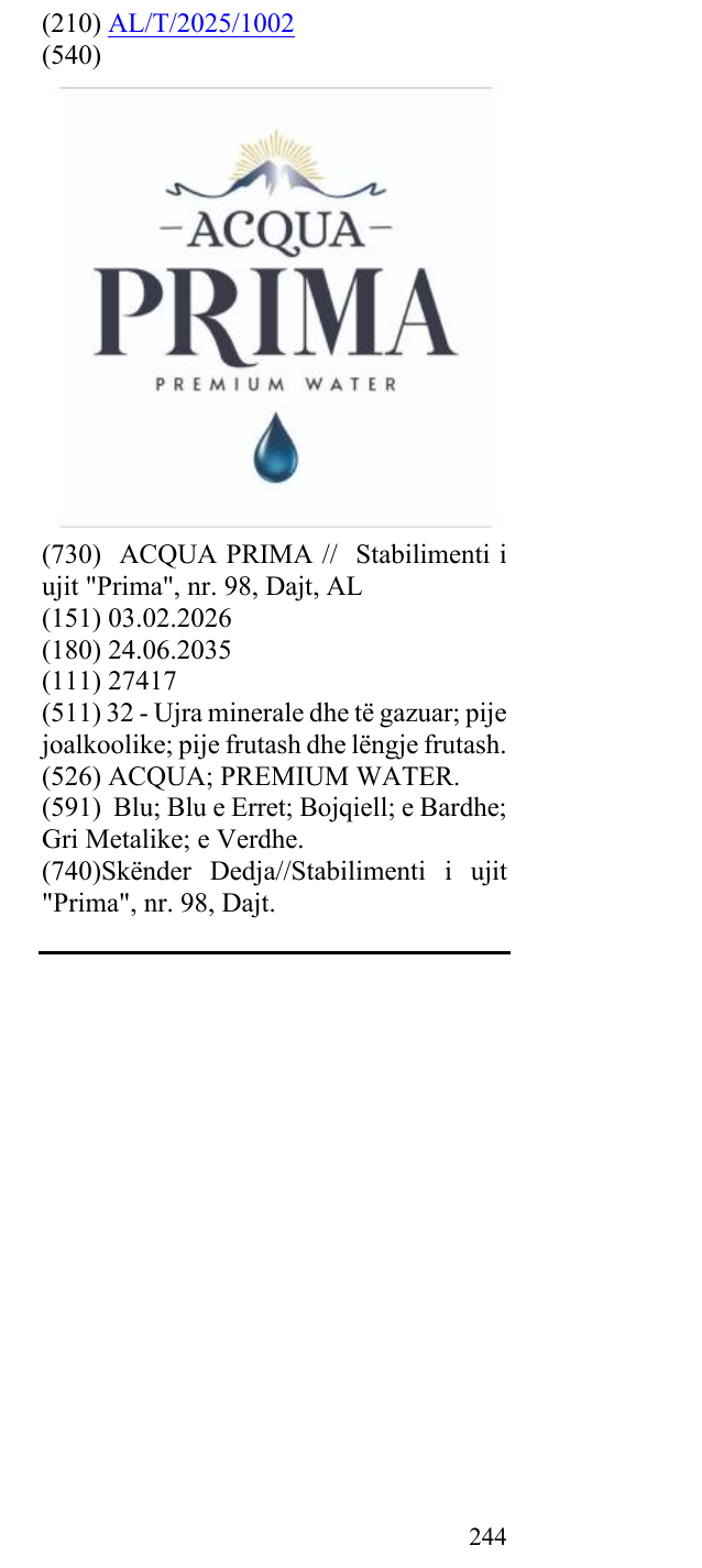 Zëri i markës ACQUA; PREMIUM WATER. në buletin