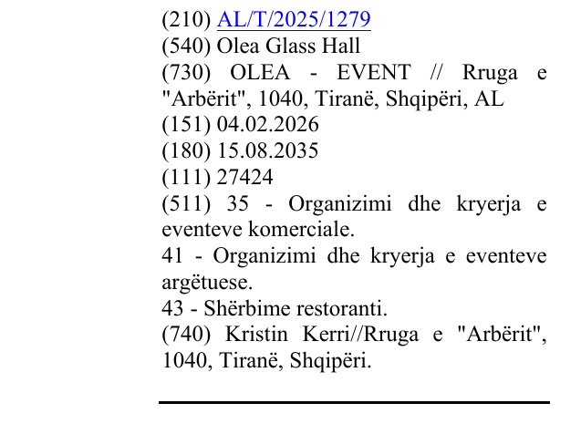 Zëri i markës Olea Glass Hall në buletin