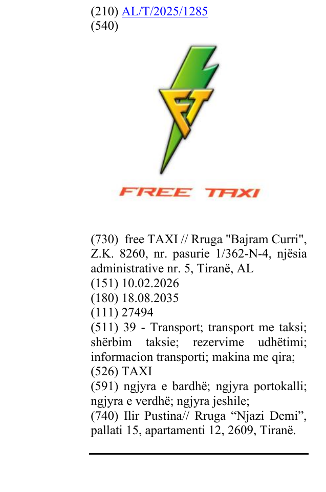 Zëri i markës TAXI në buletin