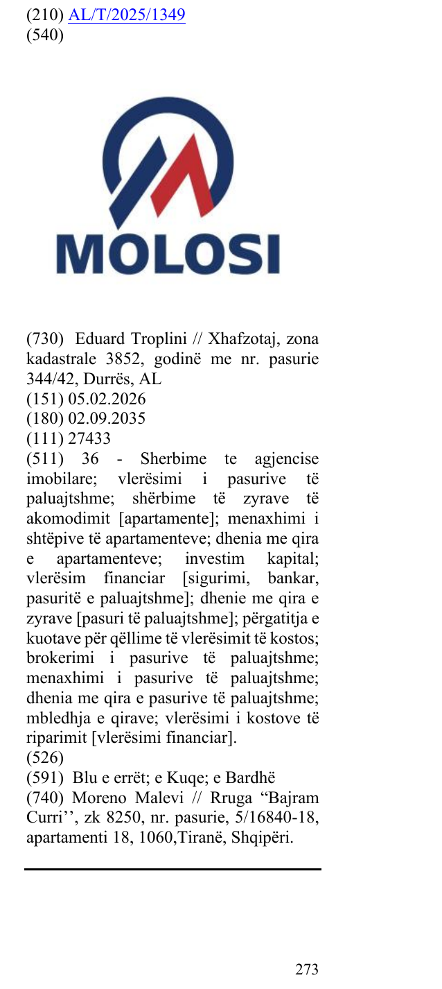 Zëri i markës MOLOSI në buletin