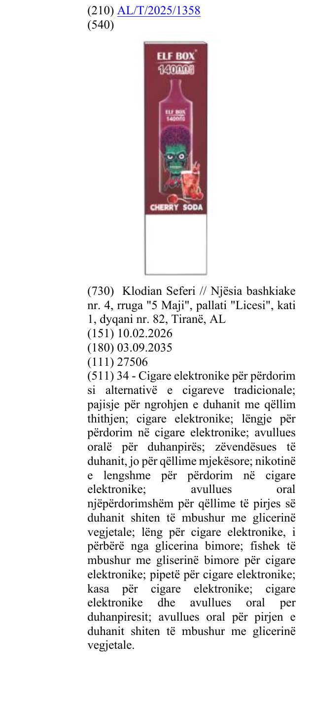 Zëri i markës CHERRY; SODA; PUFFS; 14000; PRO; ® në buletin
