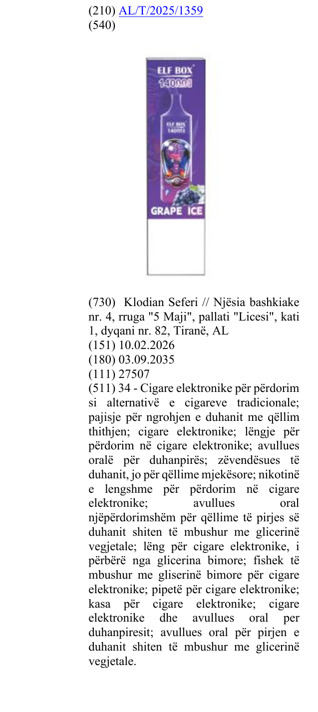 Zëri i markës PUFFS; 14000; PRO; ®; GRAPE; ICE në buletin