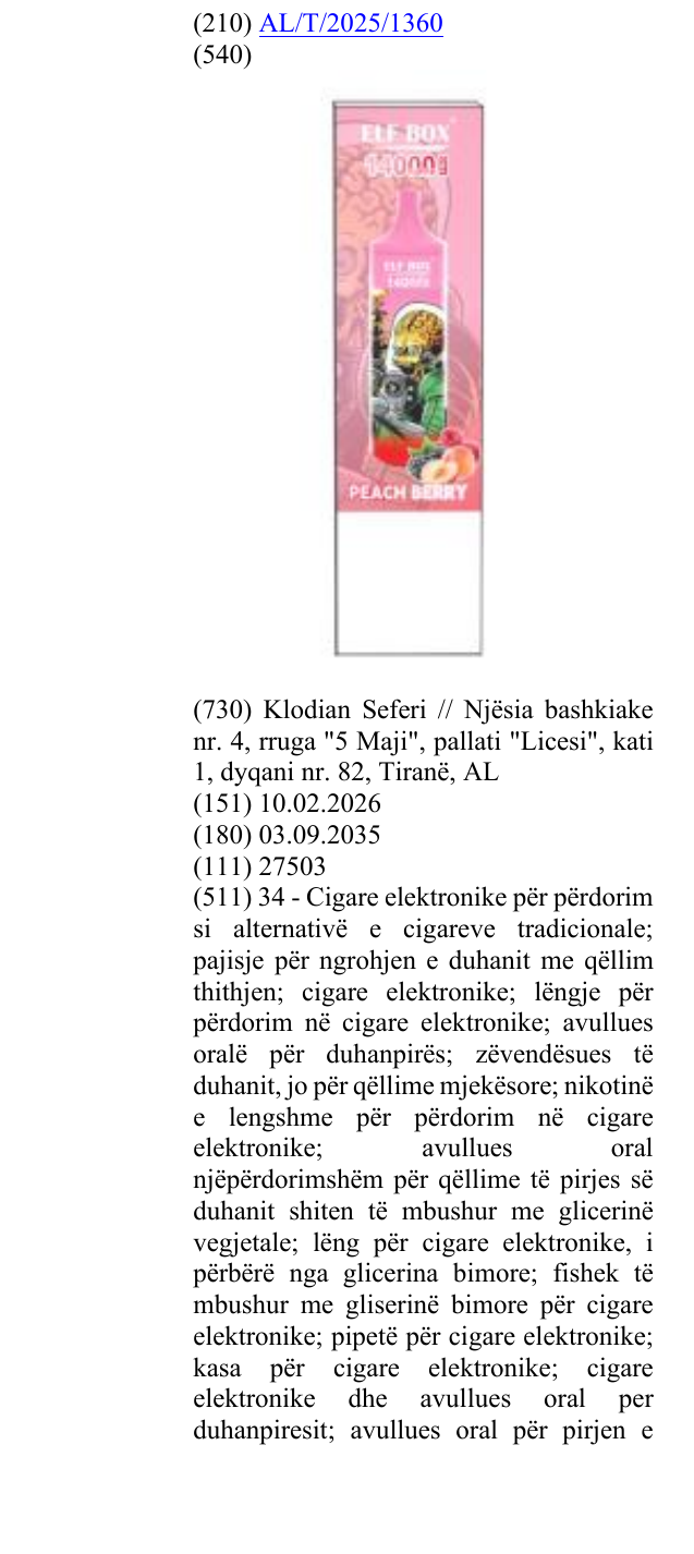 Zëri i markës PEACH; BERRY; 14000; PUFFS; PRO; ® në buletin