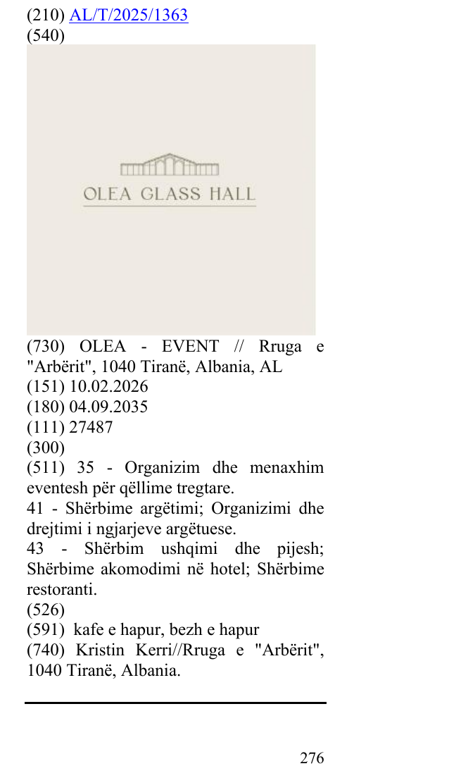 Zëri i markës OLEA GLASS HALL në buletin