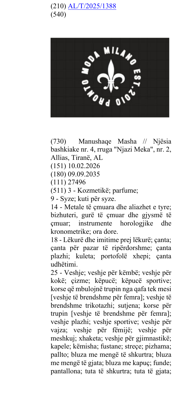 Zëri i markës MODA; MILANO; EST. 2010 në buletin