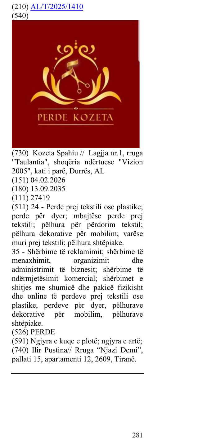 Zëri i markës PERDE në buletin
