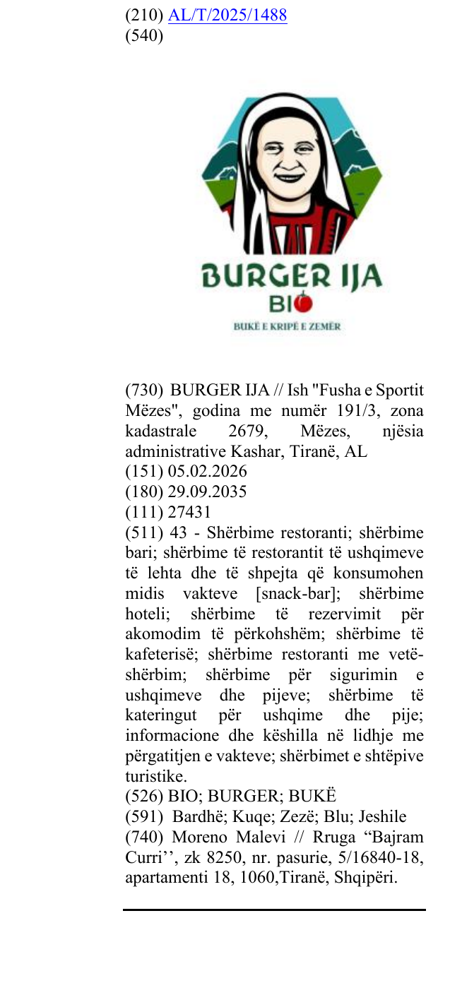 Zëri i markës BIO; BURGER; BUKË në buletin