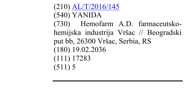 Zëri i markës YANIDA në buletin