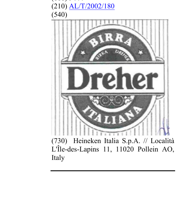 Zëri i markës DREHER BIRRA ITALIANA në buletin