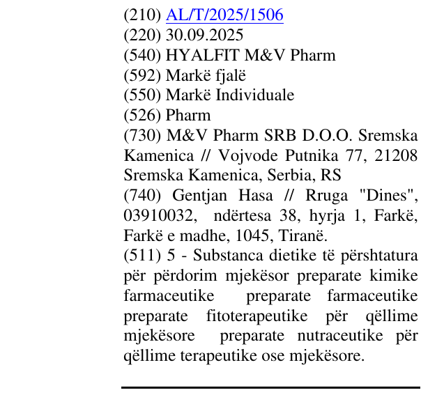 Zëri i markës HYALFIT M&V Pharm në buletin