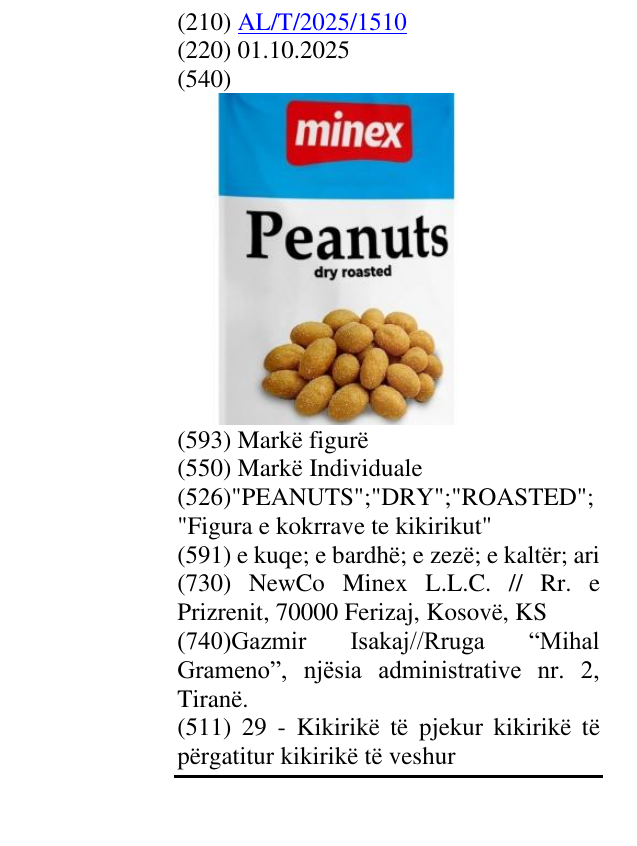 Zëri i markës "PEANUTS";"DRY";"ROASTED"; "Figura e kokrrave te kikirikut" në buletin