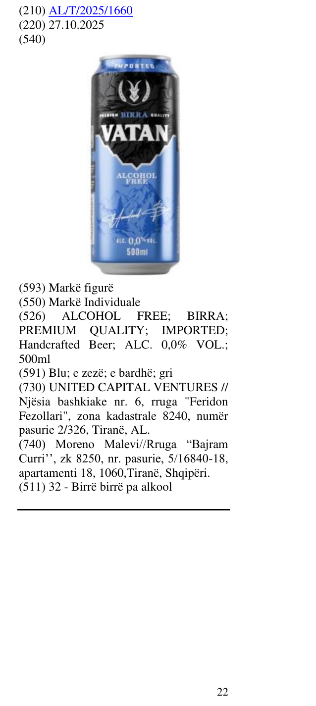 Zëri i markës ALCOHOL FREE; BIRRA; PREMIUM QUALITY; IMPORTED; Handcrafted Beer; ALC. 0,0% VOL.; 500ml në buletin