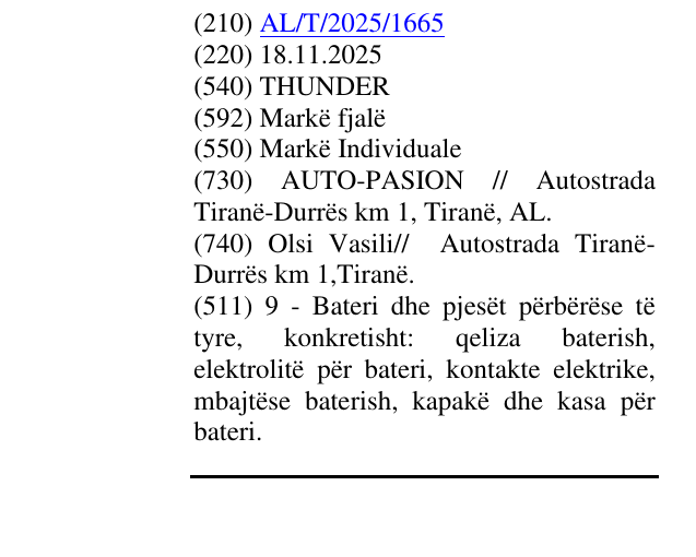 Zëri i markës THUNDER në buletin