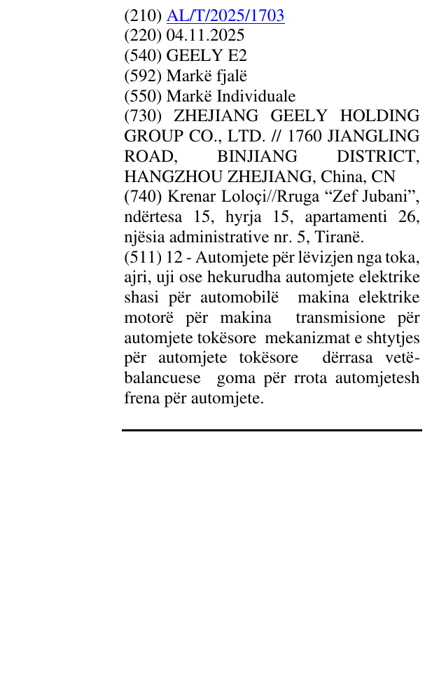 Zëri i markës GEELY E2 në buletin