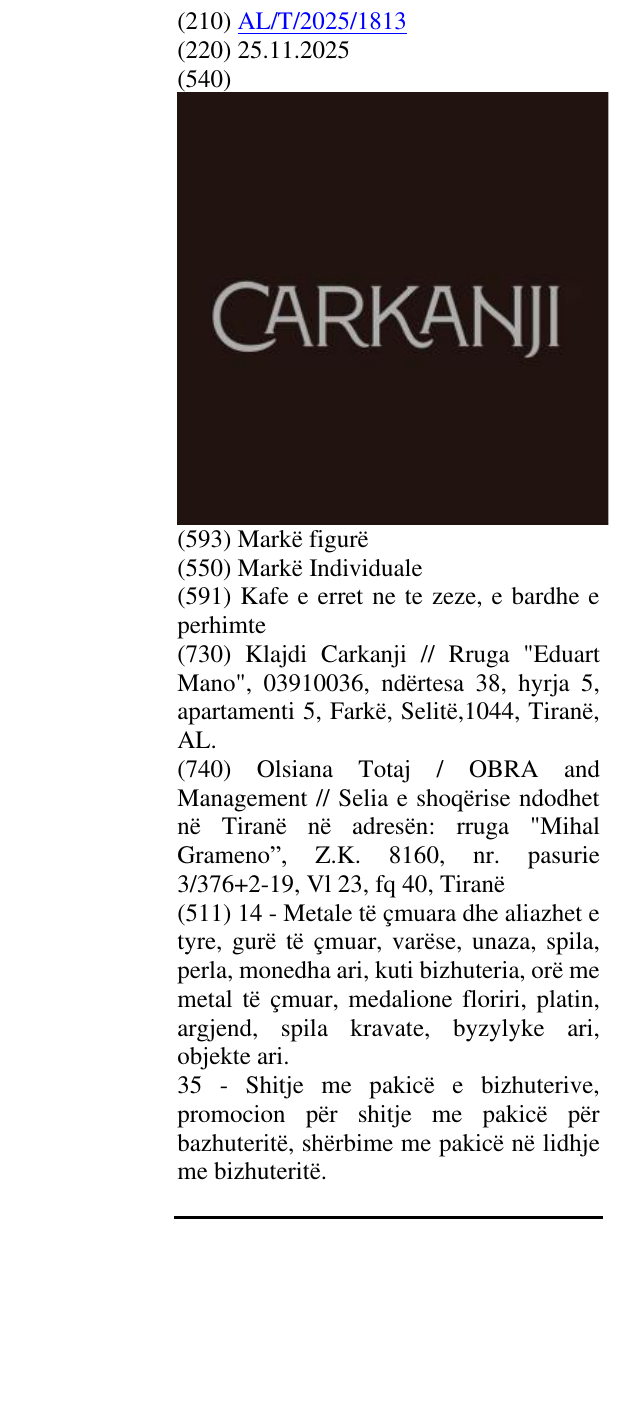 Zëri i markës CARKANJI në buletin