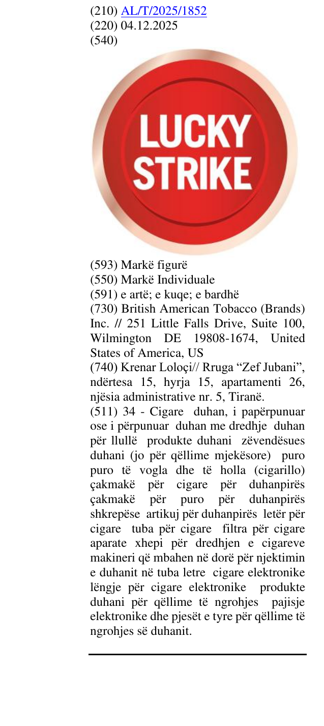 Zëri i markës LUCKY STRIKE në buletin