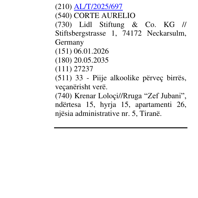 Zëri i markës CORTE AURELIO në buletin