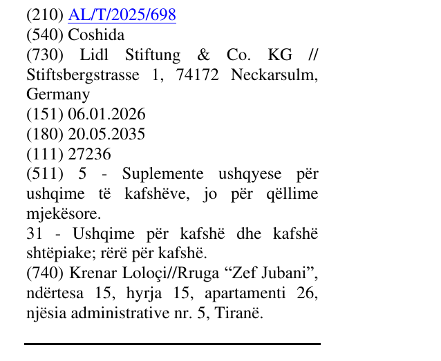 Zëri i markës Coshida në buletin