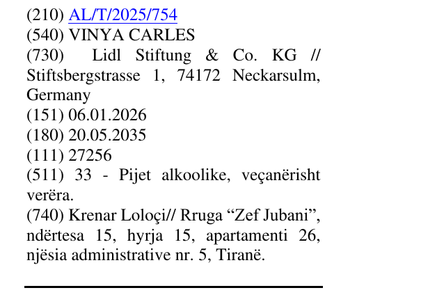 Zëri i markës VINYA CARLES në buletin