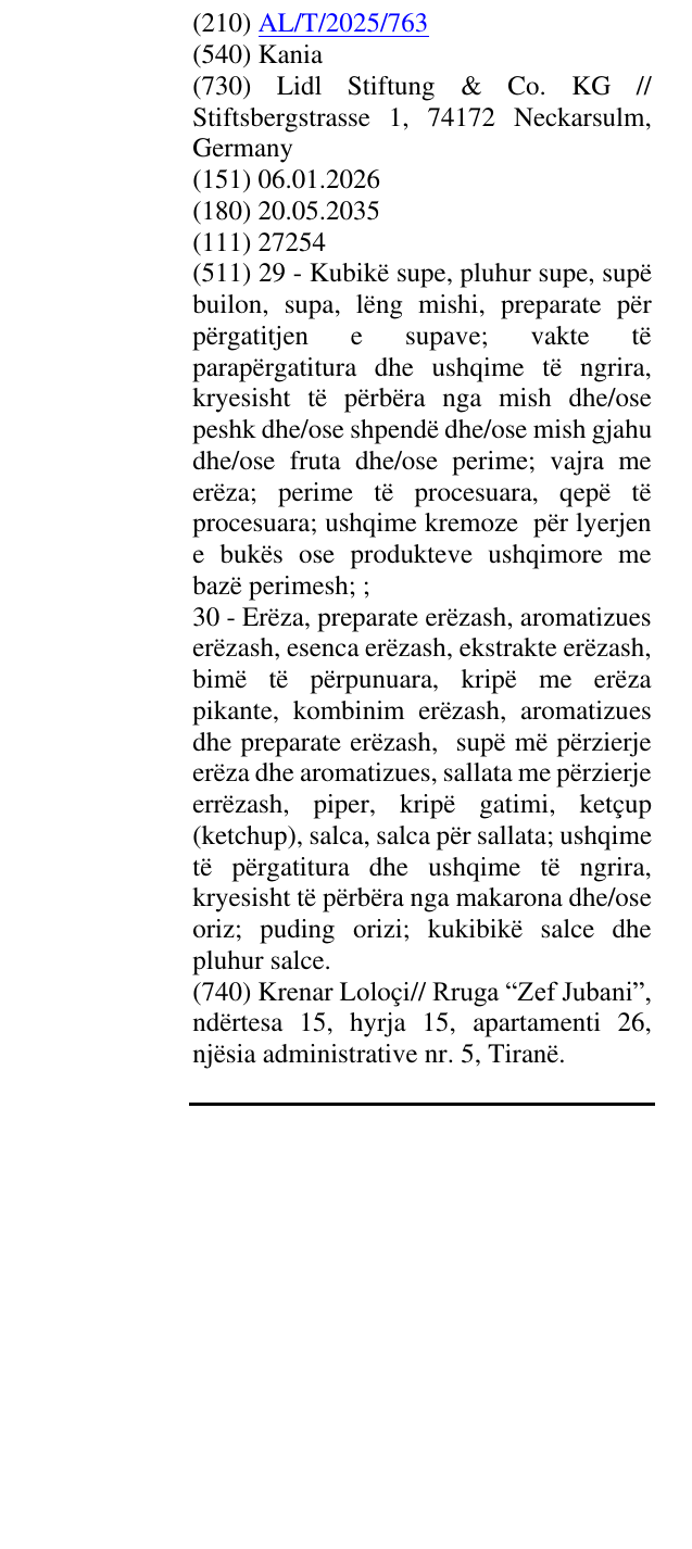 Zëri i markës Kania në buletin
