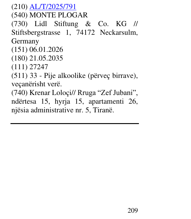 Zëri i markës MONTE PLOGAR në buletin