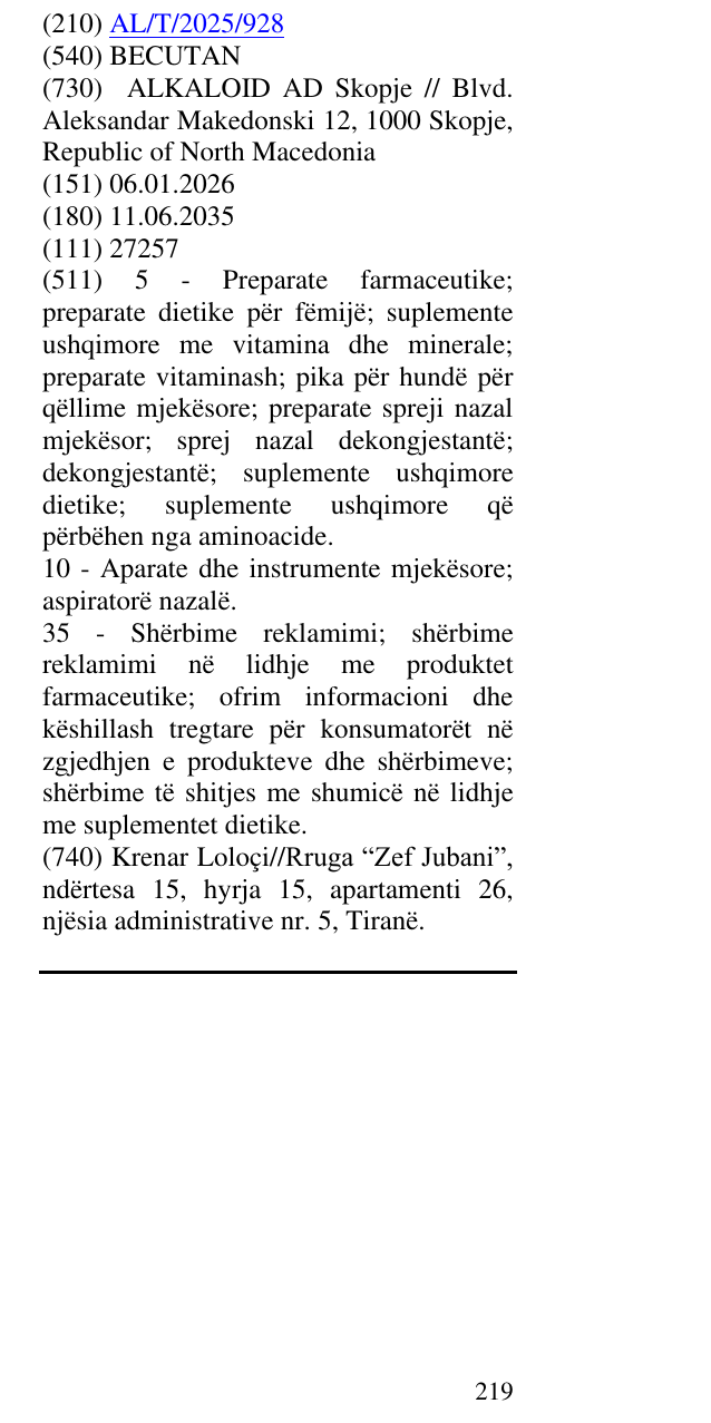 Zëri i markës BECUTAN në buletin