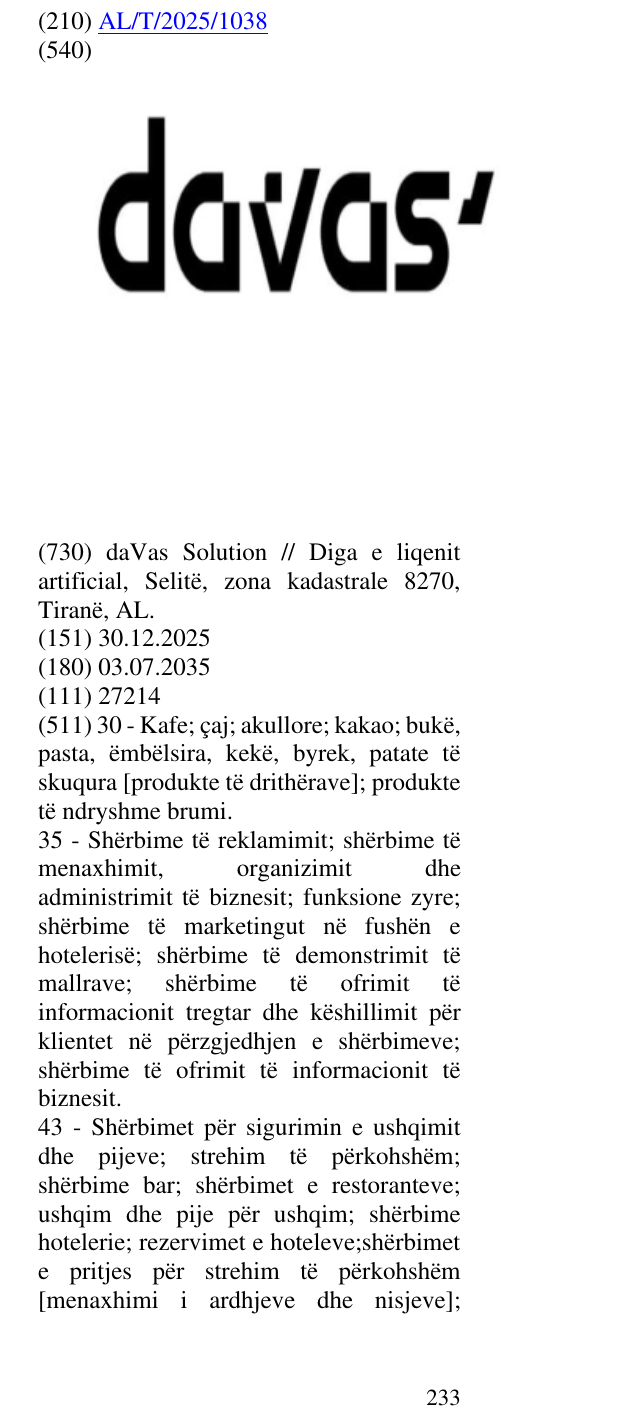 Zëri i markës DAVAS në buletin