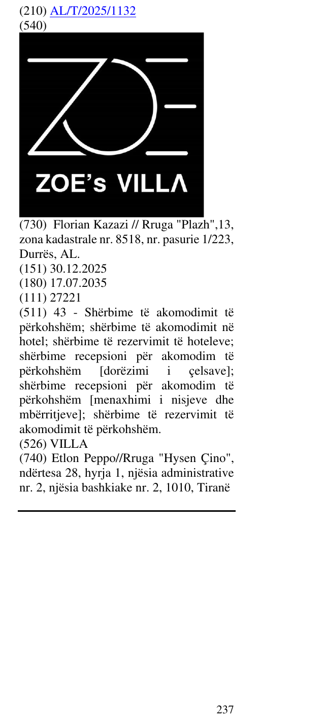 Zëri i markës VILLA në buletin