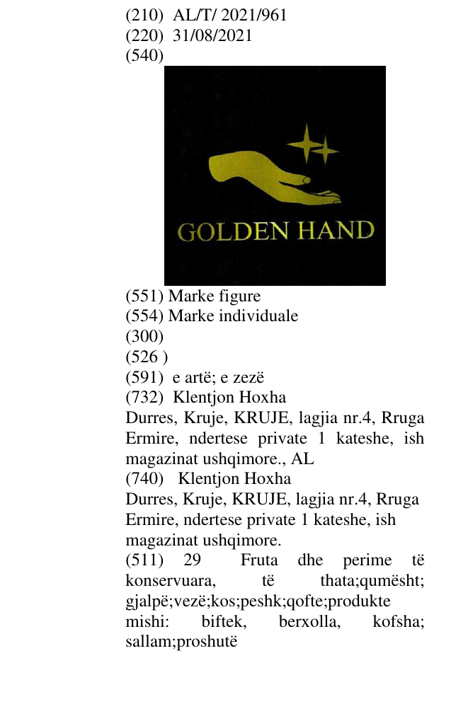 Zëri i markës GOLDEN HAND në buletin