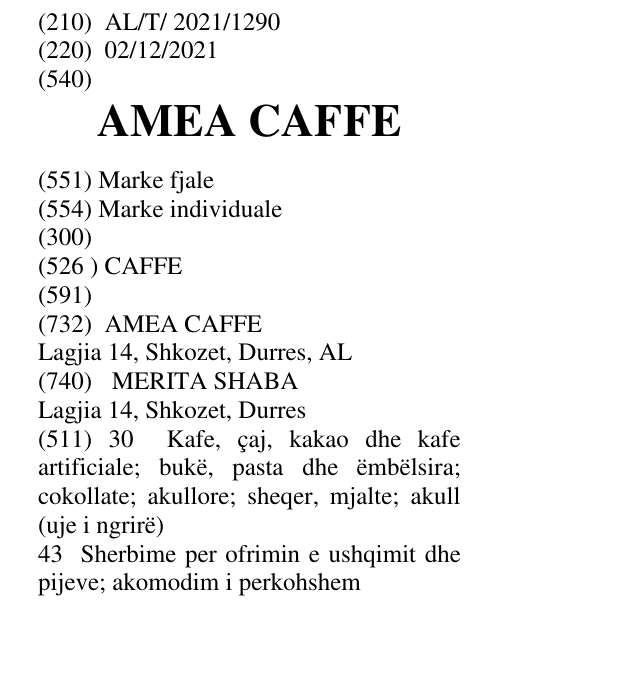 Zëri i markës AMEA CAFFE në buletin