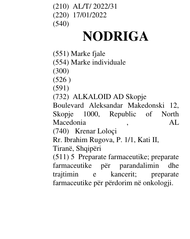 Zëri i markës NODRIGA në buletin